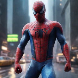 A hyper-realistic digital art piece showcasing Spiderman in a white suit, set against a rainy night city backdrop