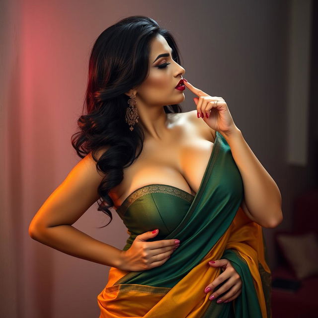 A very dominant and sexy desi woman exuding confidence, wearing a stunning saree that accentuates her cleavage and curves