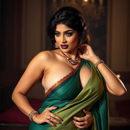 A very dominant and sexy desi woman exuding confidence, wearing a stunning saree that accentuates her cleavage and curves