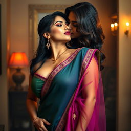 A very dominant and sexy desi woman exuding confidence, wearing a stunning saree that accentuates her cleavage and curves