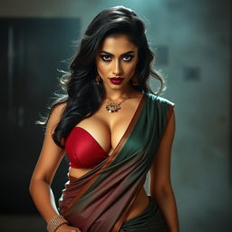 A very dominant and sexy desi woman exuding confidence, wearing a stunning saree that beautifully showcases her cleavage and curves