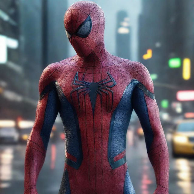 A hyper-realistic digital art piece showcasing Spiderman in a white suit, set against a rainy night city backdrop