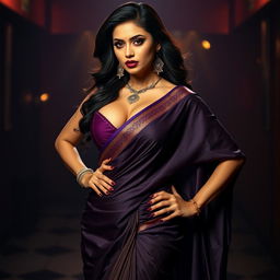 A very dominant and sexy desi woman exuding confidence, wearing a stunning saree that beautifully showcases her cleavage and curves