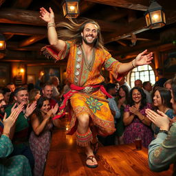 A handsome tanned man with long flowing hair, wearing bright, colorful clothing adorned with intricate patterns and shining jewelry