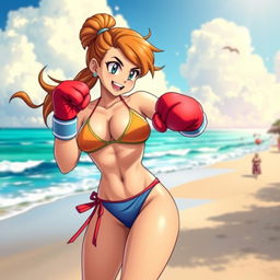 A dynamic scene featuring Chi-Chi from Dragon Ball Z, depicted as a muscular yet feminine character in a colorful beach landscape
