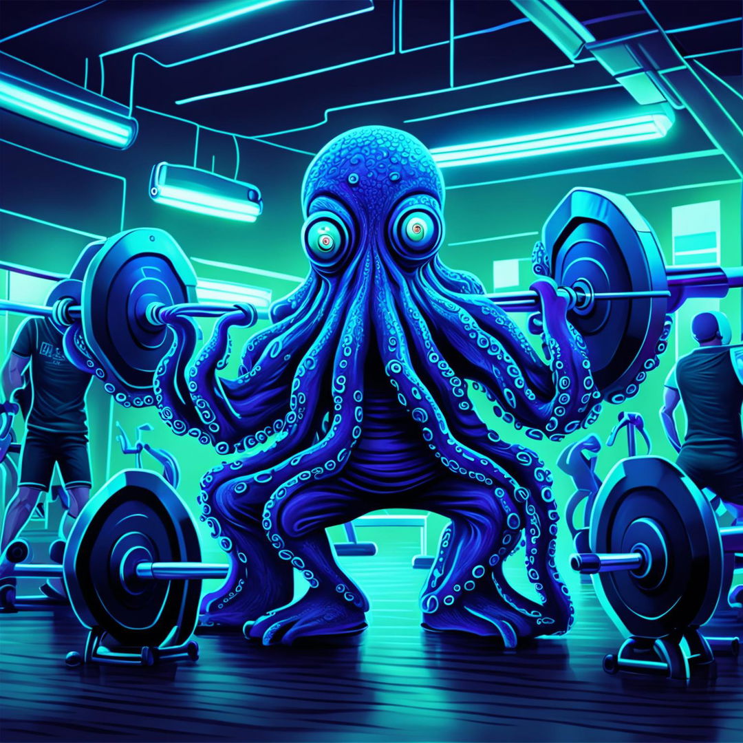 A high-quality digital art image of a blue and purple octopus in a gym, each of its eight arms engaged in different weightlifting activities