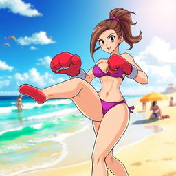 A dynamic scene featuring Chi-Chi from Dragon Ball Z, depicted as a muscular yet feminine character in a colorful beach landscape