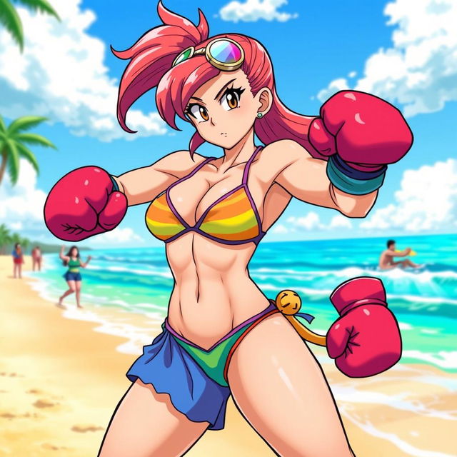 A dynamic scene featuring Chi-Chi from Dragon Ball Z, depicted as a muscular yet feminine character in a colorful beach landscape