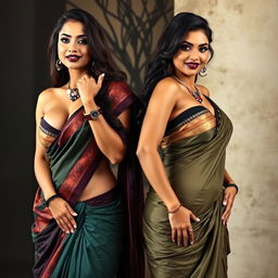 Two very dominant and sexy desi women exuding confidence, wearing stunning sarees that showcase their cleavage and luxurious curves