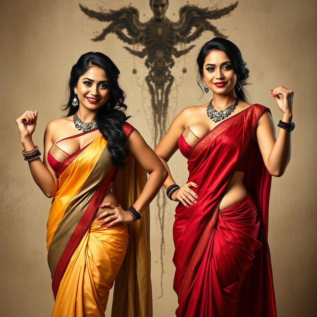 Two very dominant and sexy desi women exuding confidence, wearing stunning sarees that showcase their cleavage and luxurious curves