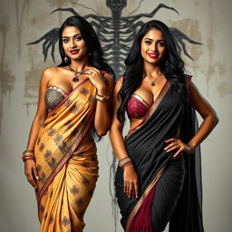 Two very dominant and sexy desi women exuding confidence, wearing stunning sarees that showcase their cleavage and luxurious curves