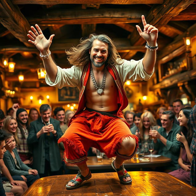 A handsome, tanned man with long, flowing hair exuberantly dancing on a table in a lively tavern