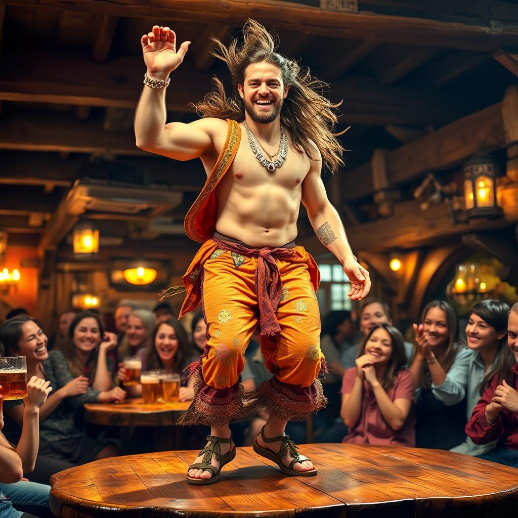 A handsome, tanned man with long, flowing hair exuberantly dancing on a table in a lively tavern