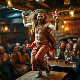 A handsome, tanned man with long, flowing hair exuberantly dancing on a table in a lively tavern