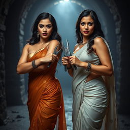 Two stunning, seductive desi women in elegant sarees that beautifully enhance their busty and curvy figures