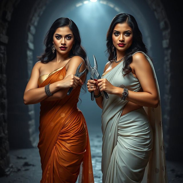 Two stunning, seductive desi women in elegant sarees that beautifully enhance their busty and curvy figures