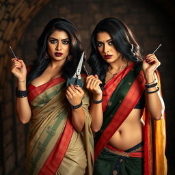 Two stunning, seductive desi women in elegant sarees that beautifully enhance their busty and curvy figures