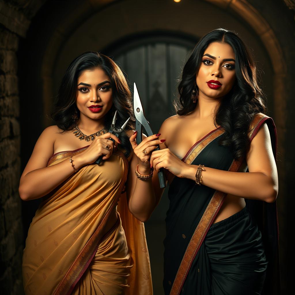 Two stunning, seductive desi women in elegant sarees that beautifully enhance their busty and curvy figures