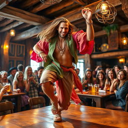 A handsome, tanned man with long, flowing hair exuberantly dancing on a table in a lively tavern