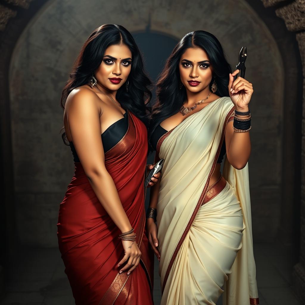 Two stunning, seductive desi women in elegant sarees, showcasing their busty and curvy figures