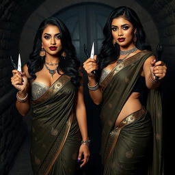 Two stunning, seductive desi women in elegant sarees, showcasing their busty and curvy figures