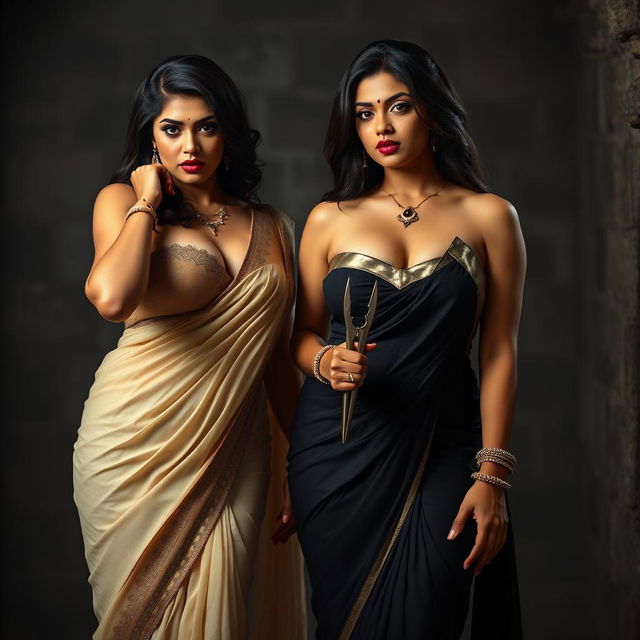 Two stunning, seductive desi women in elegant sarees, showcasing their busty and curvy figures