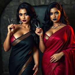Two stunning, seductive desi women in elegant sarees, showcasing their busty and curvy figures