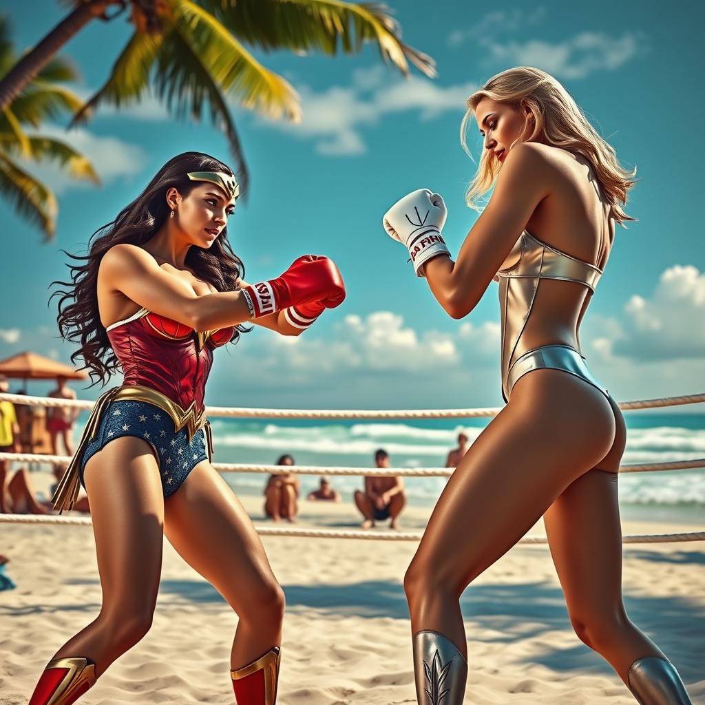 A dynamic and colorful scene featuring two powerful female superheroes, Wonder Woman and Galatea, engaged in an intense boxing match on a sunny beach