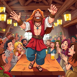A handsome, tanned man with long flowing hair, wearing bright colorful medieval clothes and adorned with jewelry, joyfully dancing on a table in a lively tavern