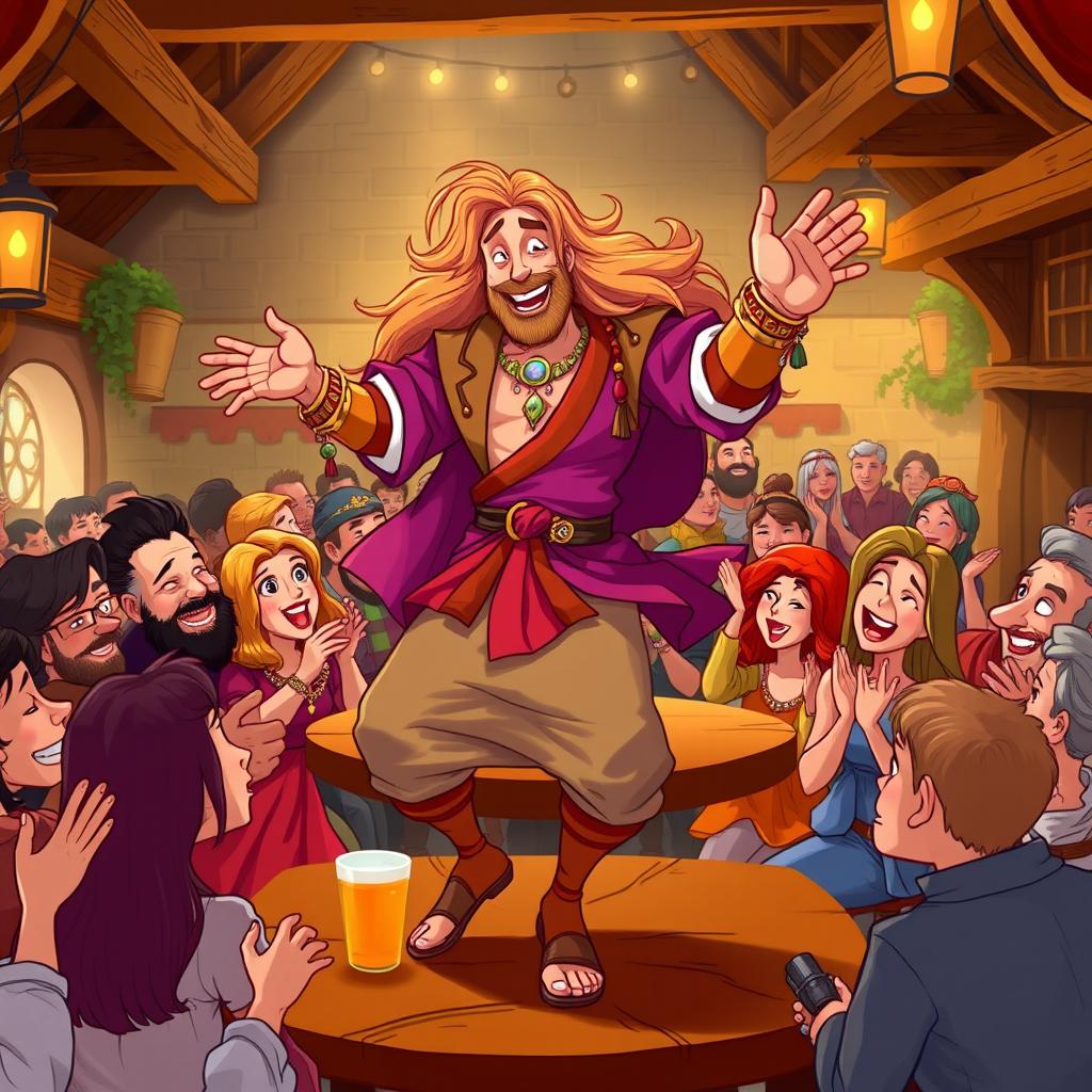 A handsome, tanned man with long flowing hair, wearing bright colorful medieval clothes and adorned with jewelry, joyfully dancing on a table in a lively tavern