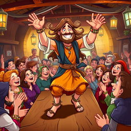 A handsome, tanned man with long flowing hair, wearing bright colorful medieval clothes and adorned with jewelry, joyfully dancing on a table in a lively tavern