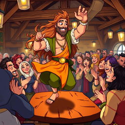 A handsome, tanned man with long flowing hair, wearing bright colorful medieval clothes and adorned with jewelry, joyfully dancing on a table in a lively tavern