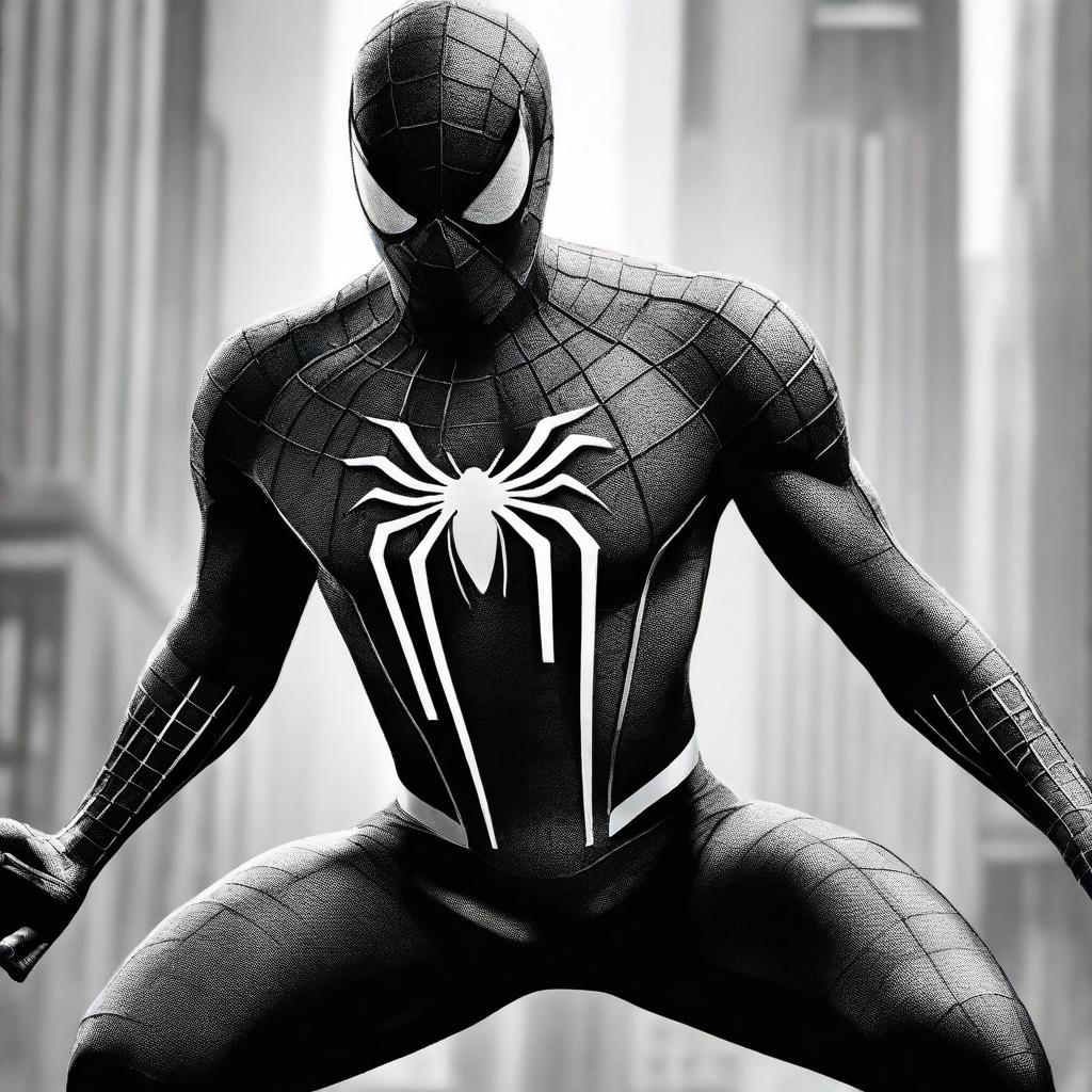 A high-quality digital art piece featuring Spiderman in a black and white costume, posed for battle