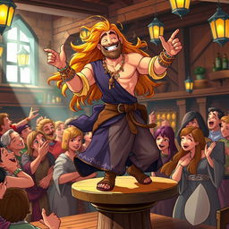 A handsome tanned man with long flowing hair, wearing bright colored medieval clothing and adorned with eye-catching jewelry