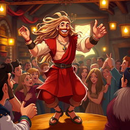 A handsome tanned man with long flowing hair, wearing bright colored medieval clothing and adorned with eye-catching jewelry