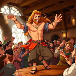 A handsome tanned man with long flowing hair, wearing bright colored medieval clothing and adorned with eye-catching jewelry
