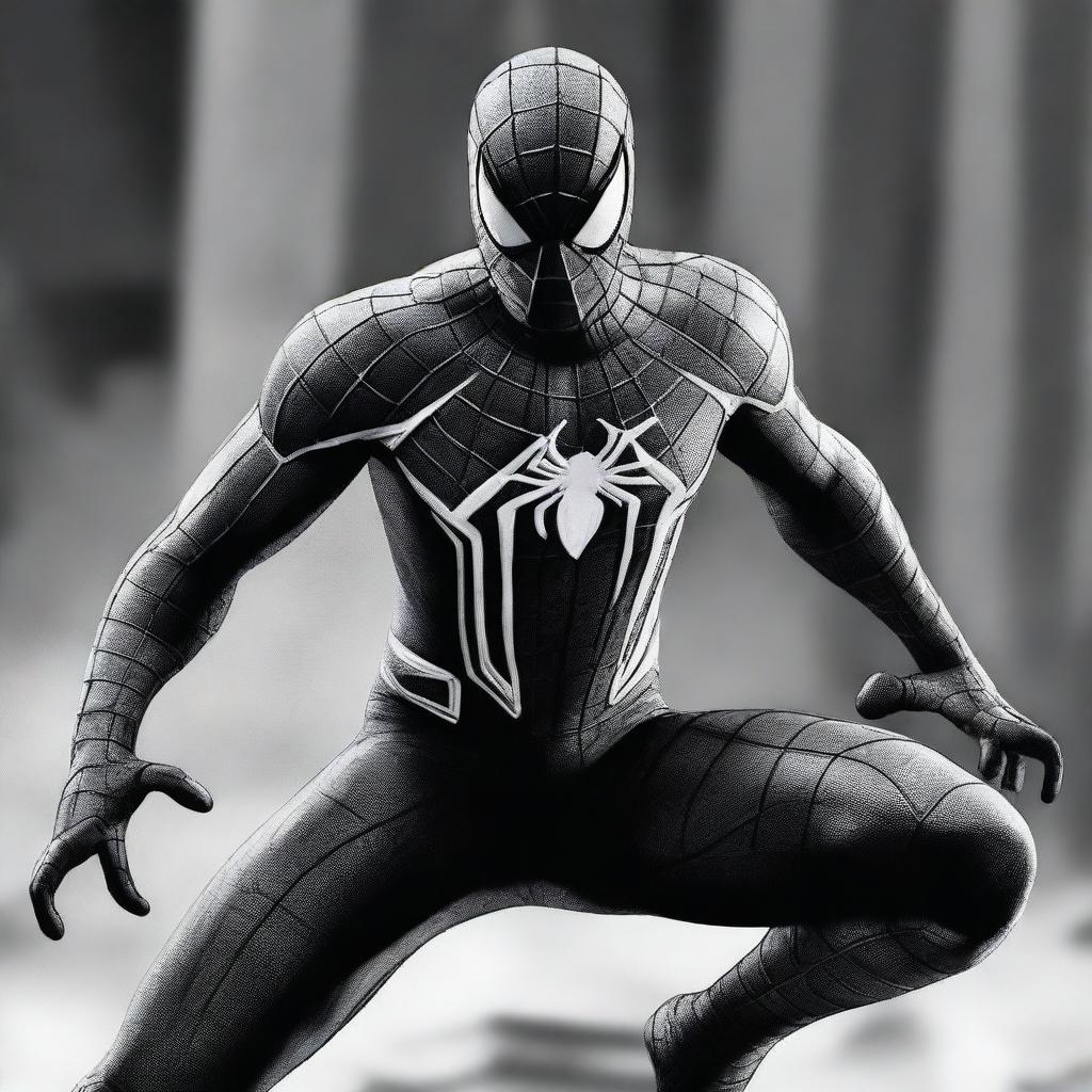 A high-quality digital art piece featuring Spiderman in a black and white costume, posed for battle