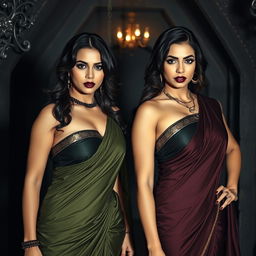Two beautiful, dominant women dressed in alluring sarees, exuding confidence and seduction