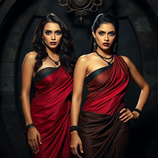 Two beautiful, dominant women dressed in alluring sarees, exuding confidence and seduction