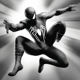 A high-quality digital art piece featuring Spiderman in a black and white costume, posed for battle