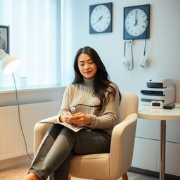 A calm woman sitting peacefully in a cozy doctor's office, waiting for her pulse to be taken