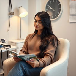 A calm woman sitting peacefully in a cozy doctor's office, waiting for her pulse to be taken