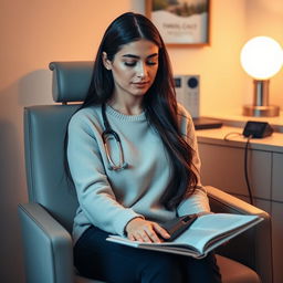 A calm woman sitting peacefully in a cozy doctor's office, waiting for her pulse to be taken