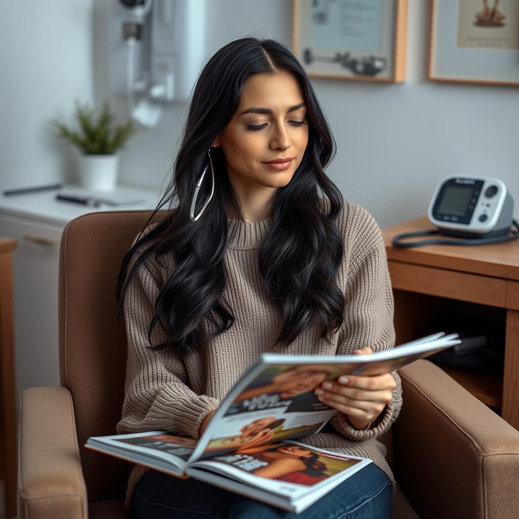 A calm woman sitting peacefully in a cozy doctor's office, waiting for her pulse to be taken