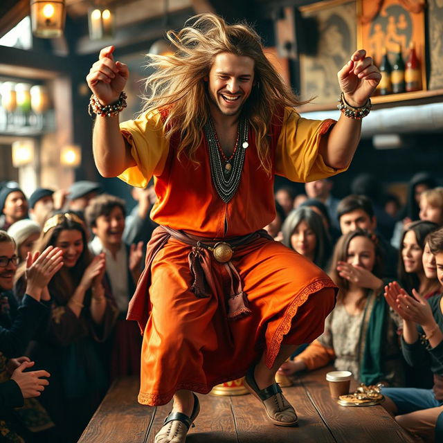 A handsome tanned man with long flowing hair, dressed in bright colored medieval attire and adorned with dazzling jewelry