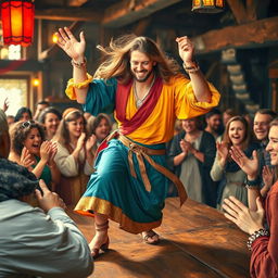 A handsome tanned man with long flowing hair, dressed in bright colored medieval attire and adorned with dazzling jewelry