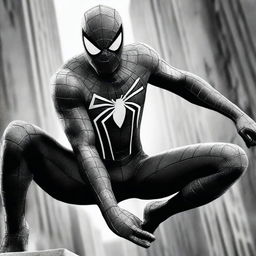 A high-quality digital art piece featuring Spiderman in a black and white costume, posed for battle