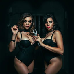 In a dramatic interrogation dungeon setting, two enticing women with voluptuous hourglass figures are present