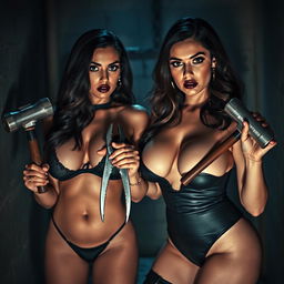 In a dramatic interrogation dungeon setting, two enticing women with voluptuous hourglass figures are present