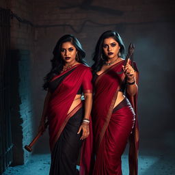 In an interrogation dungeon setting, two alluring women dressed in enticing sarees are present